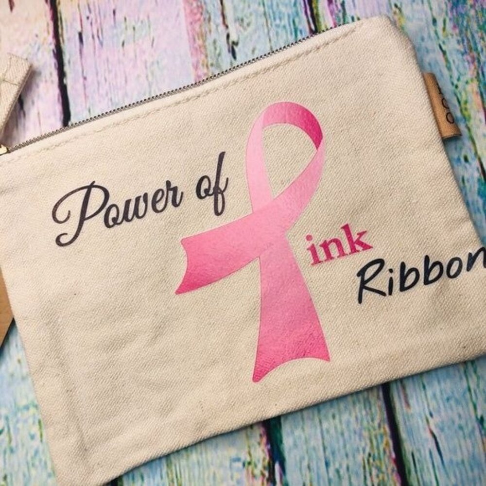 Pink Ribbon Breast Cancer Awareness Pouch Power Make Up Bag ECO Recycled Cotton
